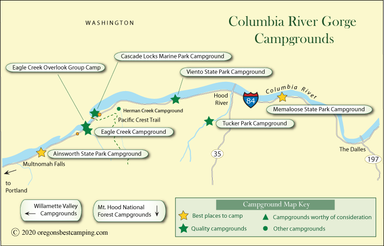 map of campgrounds along the Columbia River Gorge, Oregon