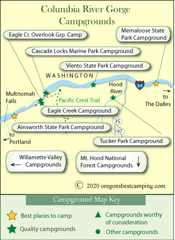 map of campgrounds along the Columbia River Gorge, Oregon