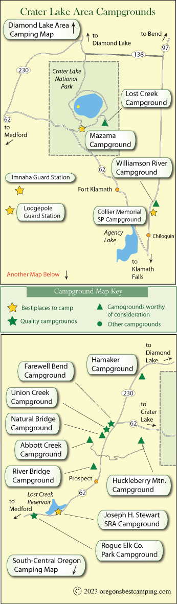 map of campgrounds around Crater Lake, Oregon