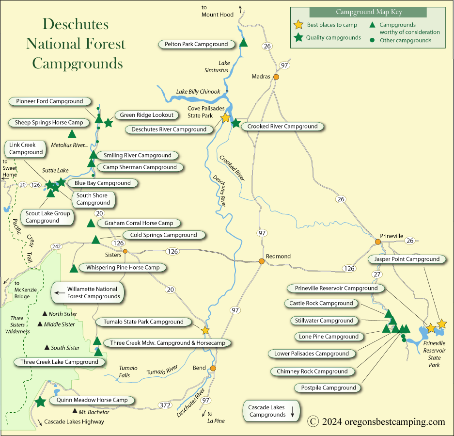 map of campgrounds in the Deschutes National Forest, Oregon