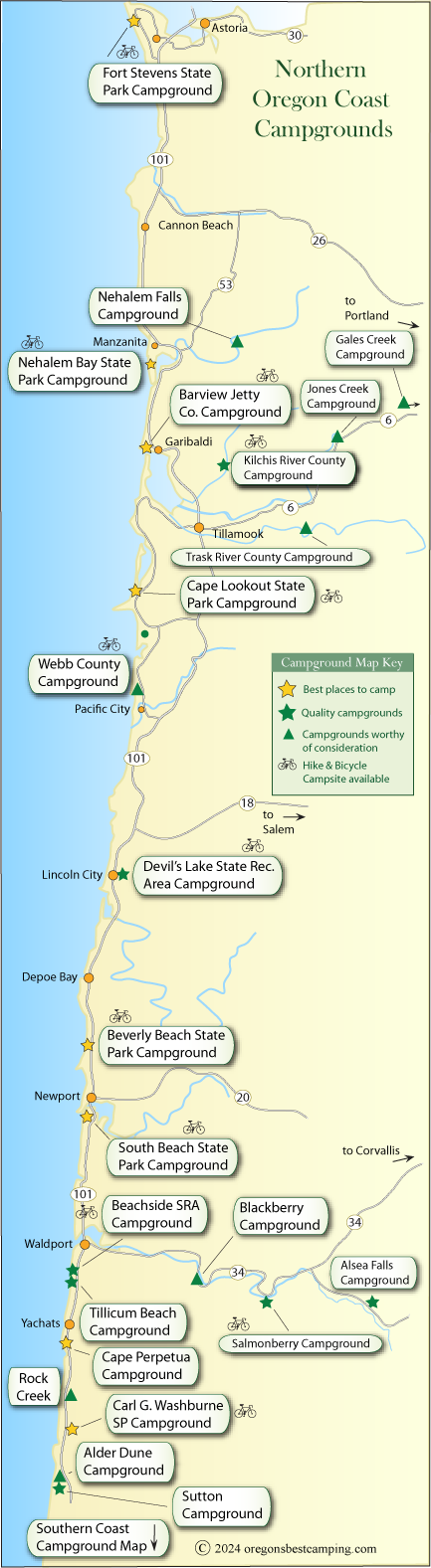 map of campgrounds along the northern half of the Oregon coast