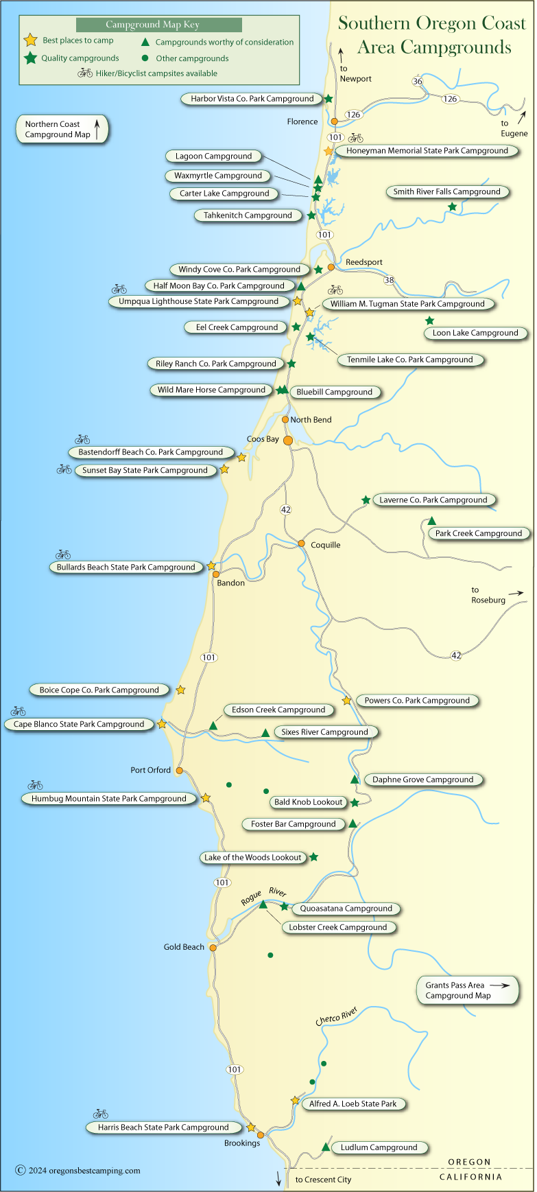 map of campgrounds along the southern half of the Oregon coast