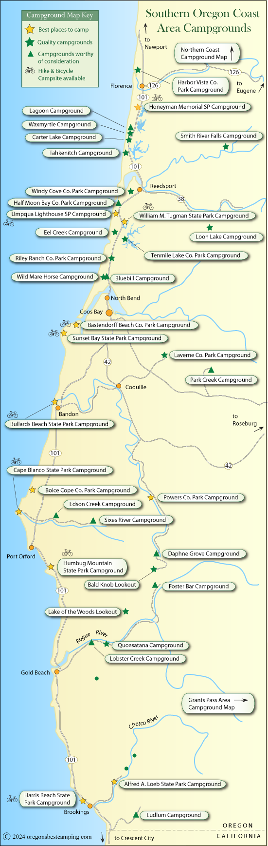 map of campgrounds along the southern half of the Oregon coast