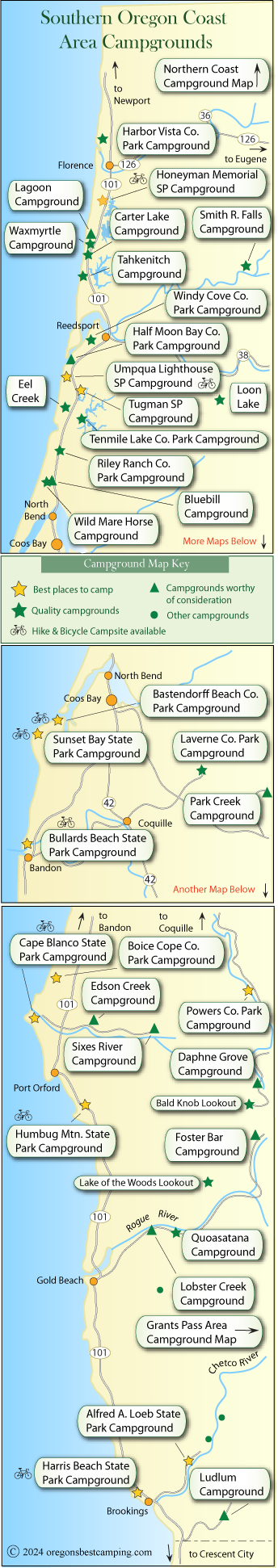 map of campgrounds along the southern half of the Oregon coast