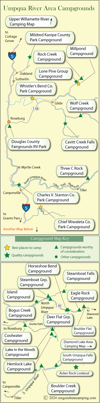 map of campgrounds around the Umpqua River, Oregon