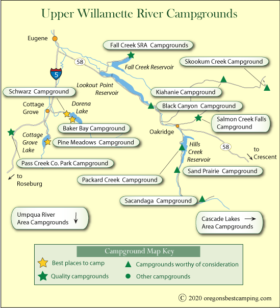 map of campgrounds around the upper Willamette River, Oregon