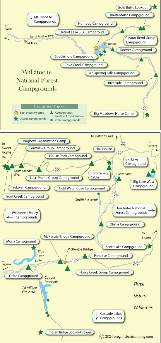 map of campgrounds in the Willamette National Forest, Oregon