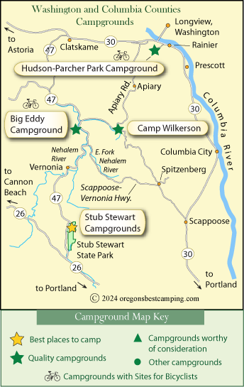 map of campgrounds in Columbia County and eastern Washington County, Oregon